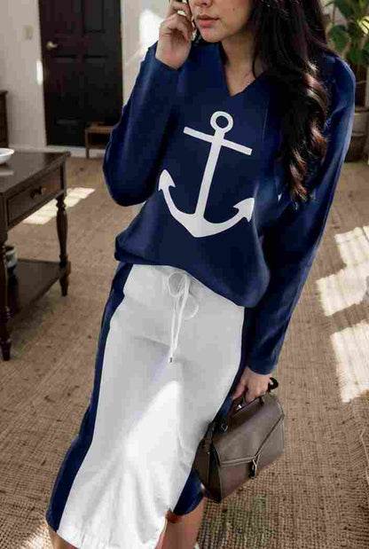 anchor print v neck long sleeve t shirt trousers two piece suit 123993