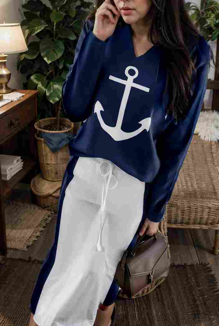 anchor print v neck long sleeve t shirt trousers two piece suit 106673