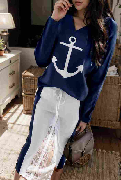 anchor print v neck long sleeve t shirt trousers two piece suit 100001