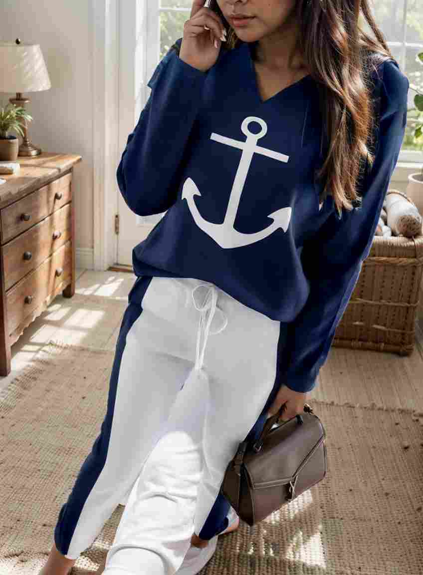 anchor print v neck long sleeve t shirt trousers two piece suit 145481