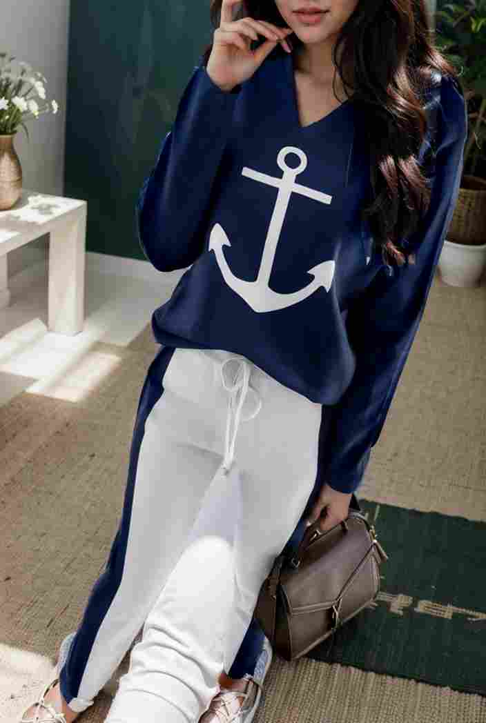 anchor print v neck long sleeve t shirt trousers two piece suit 111351