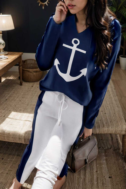 anchor print v neck long sleeve t shirt trousers two piece suit 114049