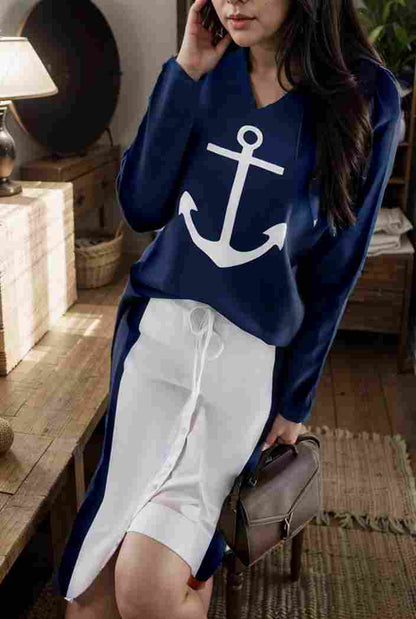 anchor print v neck long sleeve t shirt trousers two piece suit 101412