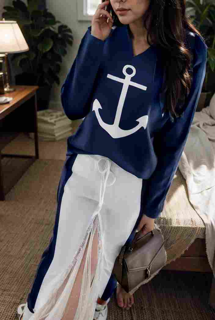 anchor print v neck long sleeve t shirt trousers two piece suit 132895