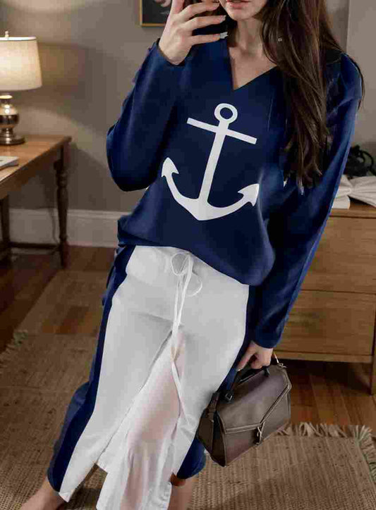 anchor print v neck long sleeve t shirt trousers two piece suit 111539