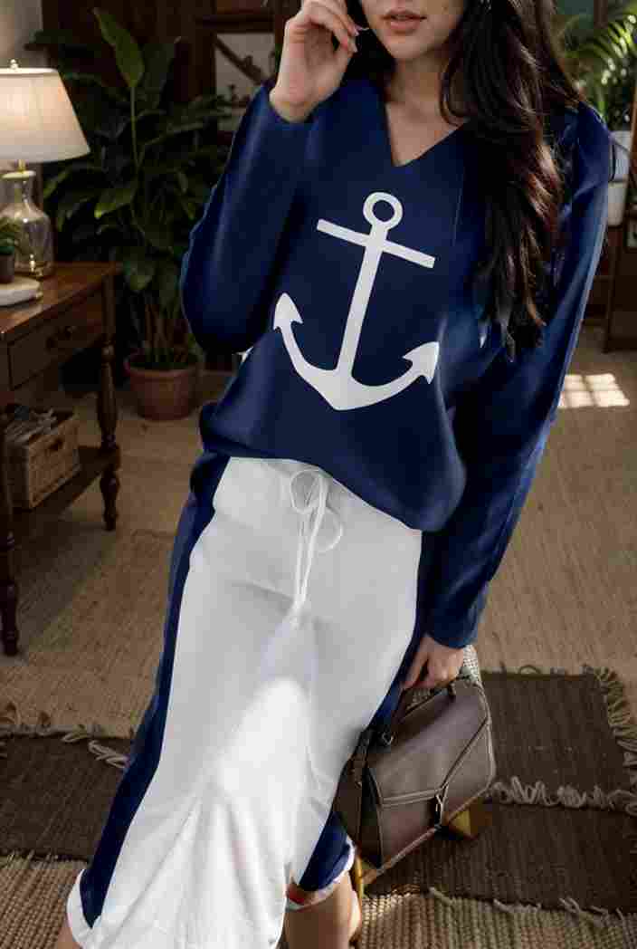 anchor print v neck long sleeve t shirt trousers two piece suit 104679