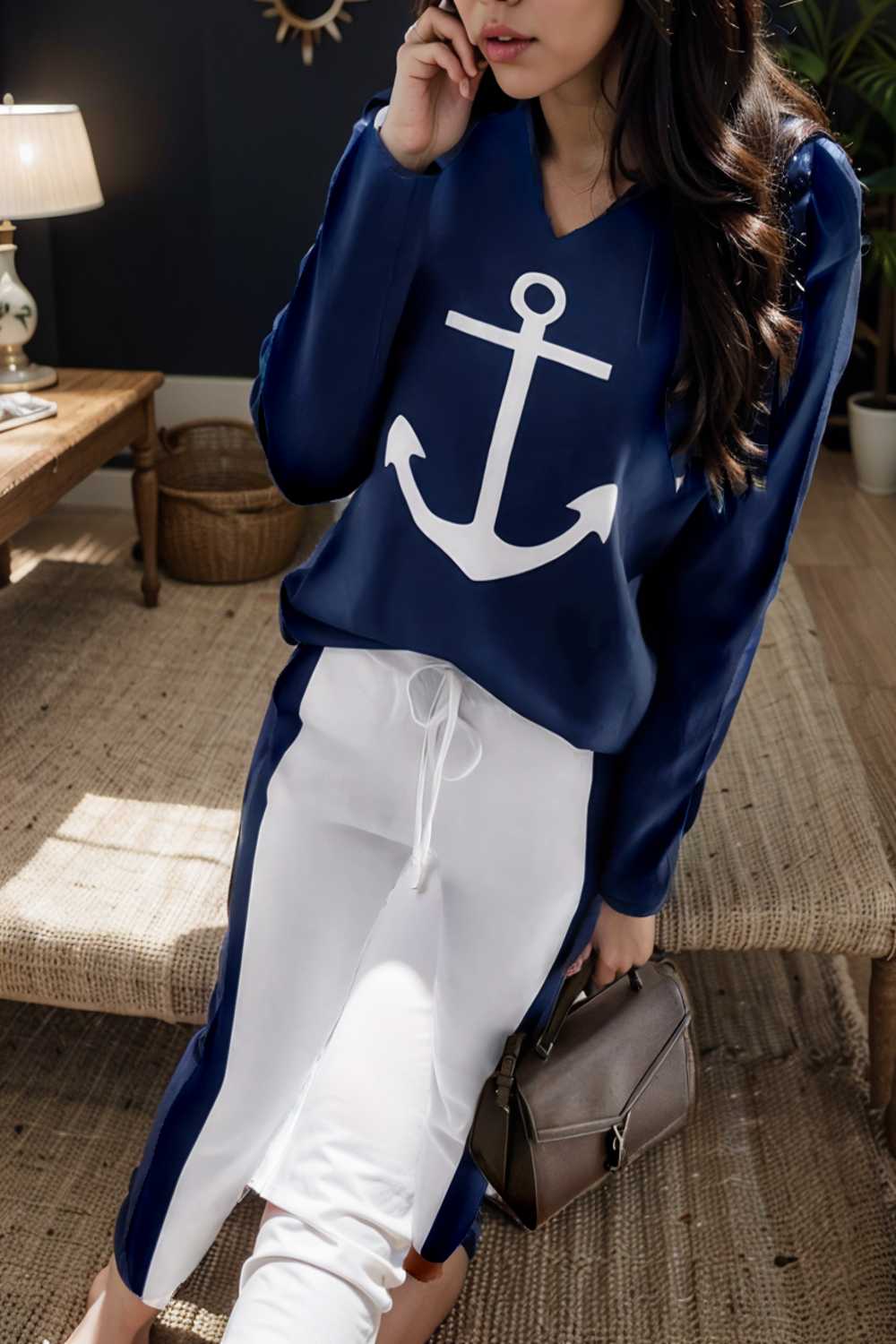 anchor print v neck long sleeve t shirt trousers two piece suit 107250