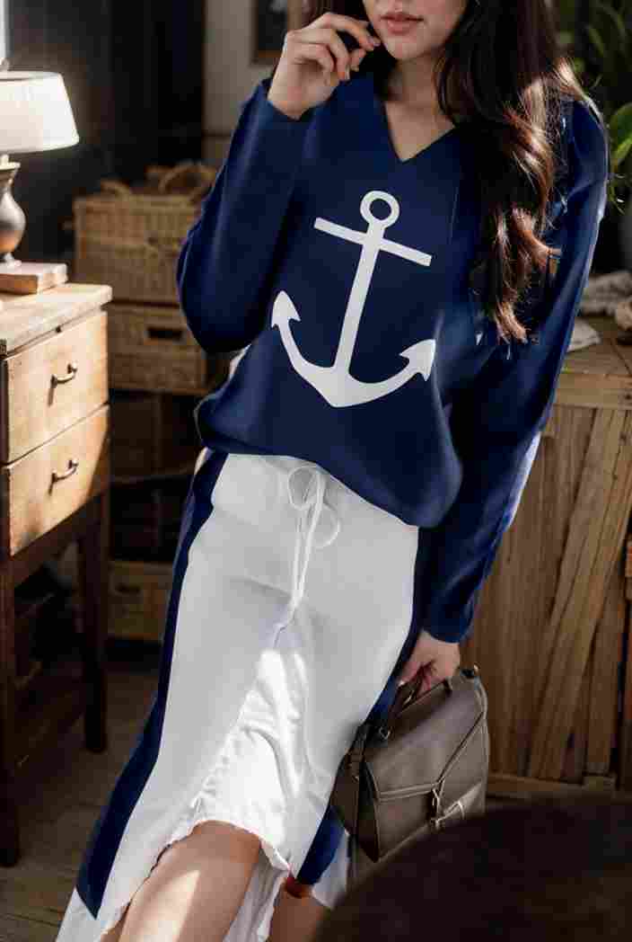 anchor print v neck long sleeve t shirt trousers two piece suit 120153