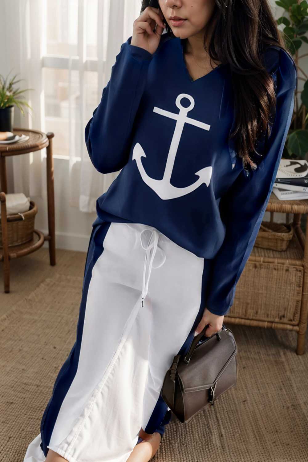 anchor print v neck long sleeve t shirt trousers two piece suit 121202