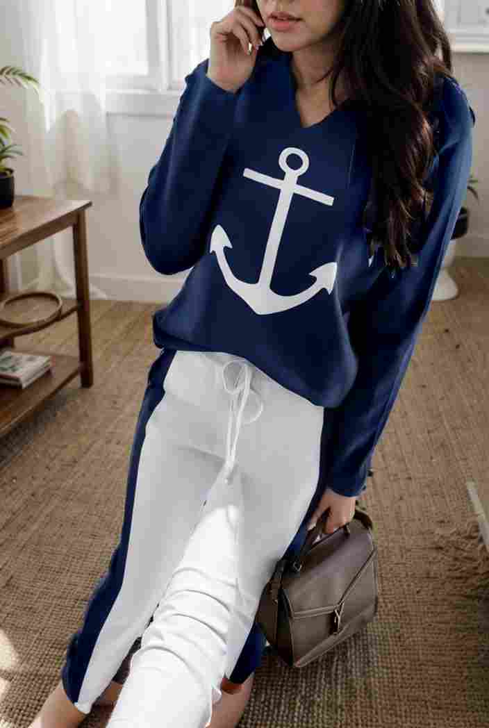 anchor print v neck long sleeve t shirt trousers two piece suit 129016