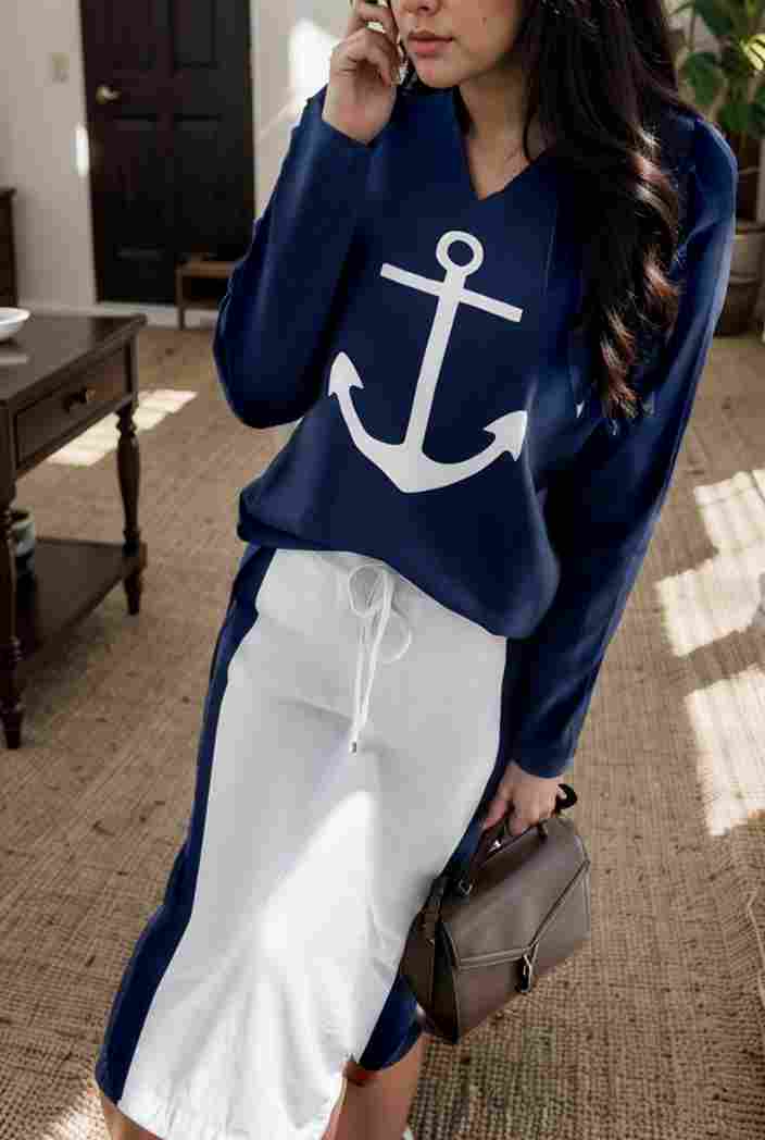 anchor print v neck long sleeve t shirt trousers two piece suit 100002