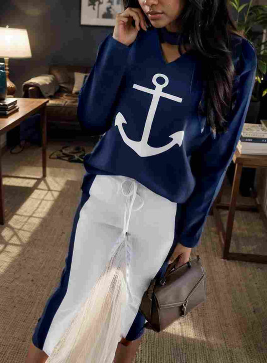 anchor print v neck long sleeve t shirt trousers two piece suit 119299