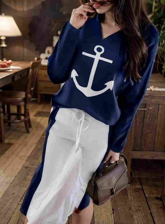 anchor print v neck long sleeve t shirt trousers two piece suit 118463