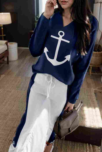 anchor print v neck long sleeve t shirt trousers two piece suit 133682