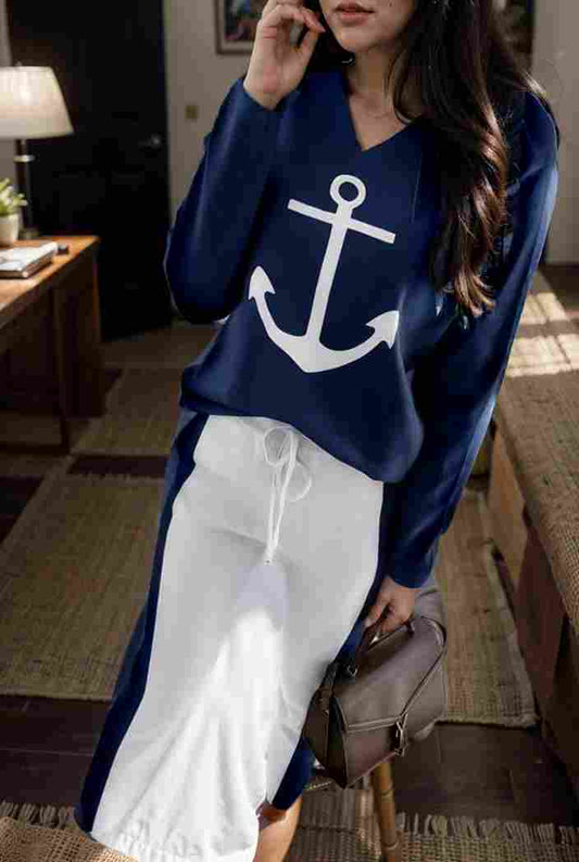 anchor print v neck long sleeve t shirt trousers two piece suit 133734