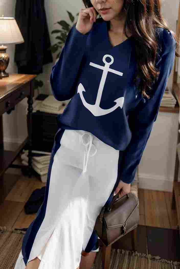 anchor print v neck long sleeve t shirt trousers two piece suit 137852