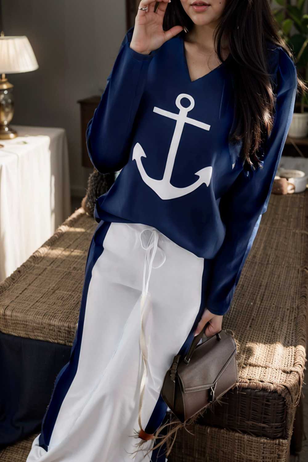 anchor print v neck long sleeve t shirt trousers two piece suit 146423