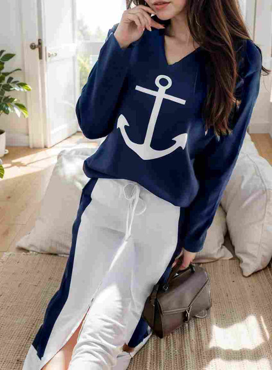 anchor print v neck long sleeve t shirt trousers two piece suit 119307