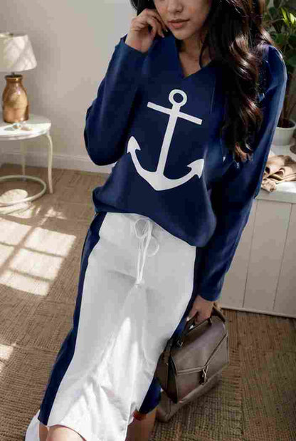 anchor print v neck long sleeve t shirt trousers two piece suit 145115