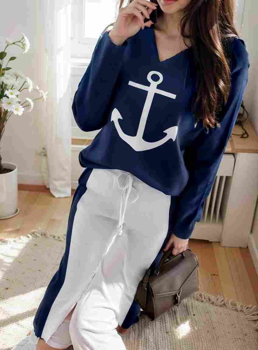 anchor print v neck long sleeve t shirt trousers two piece suit 143793