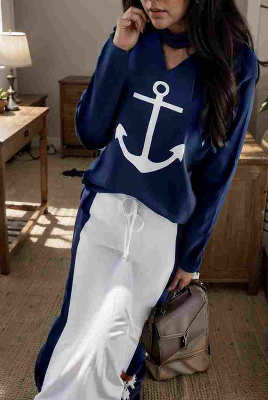 anchor print v neck long sleeve t shirt trousers two piece suit 128554