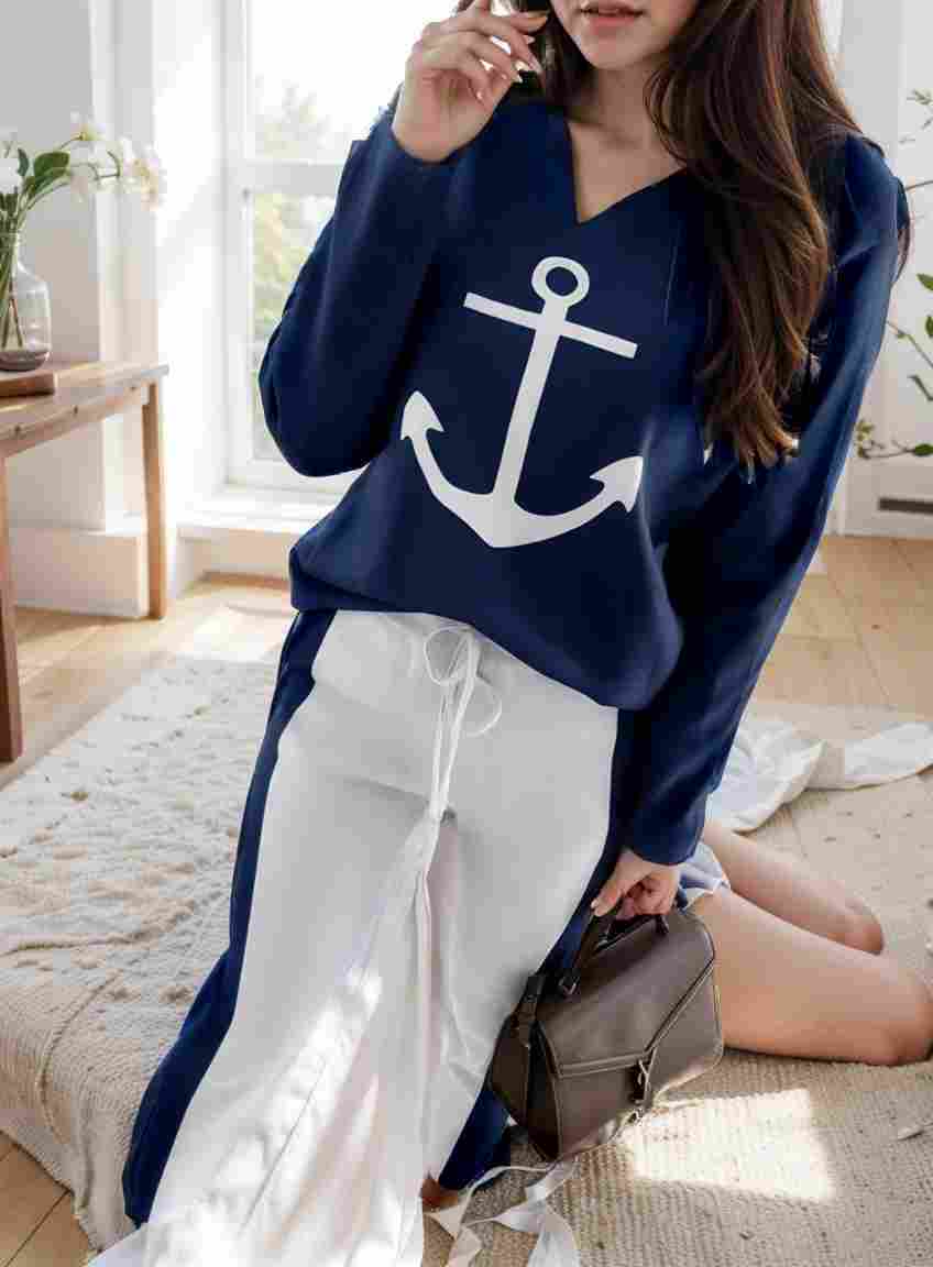 anchor print v neck long sleeve t shirt trousers two piece suit 132280