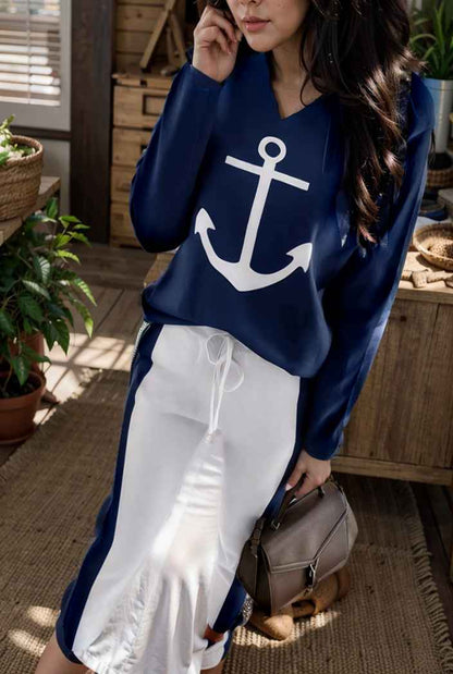 anchor print v neck long sleeve t shirt trousers two piece suit 144791