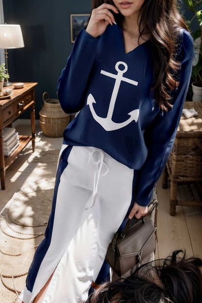 anchor print v neck long sleeve t shirt trousers two piece suit 109371