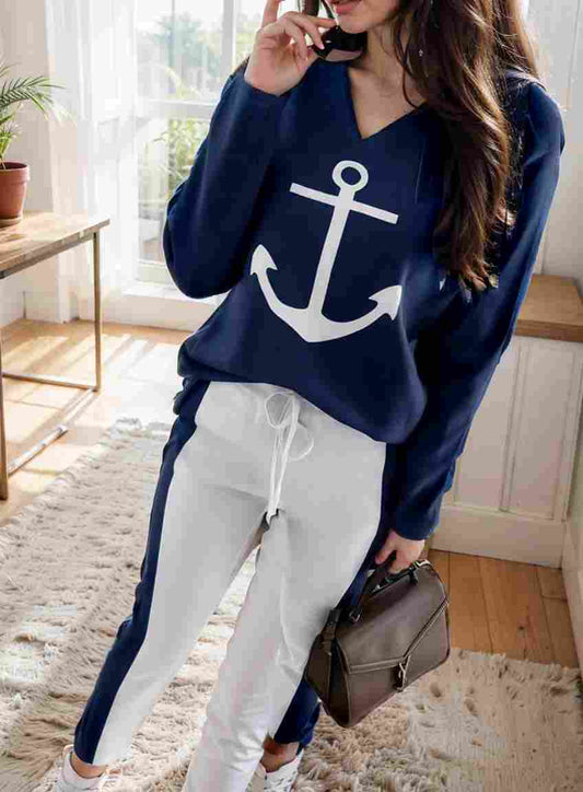 anchor print v neck long sleeve t shirt trousers two piece suit 140968