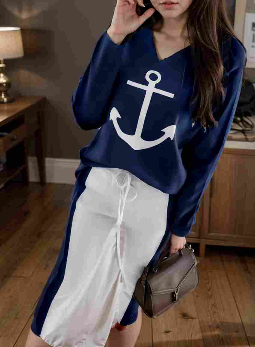 anchor print v neck long sleeve t shirt trousers two piece suit 104730