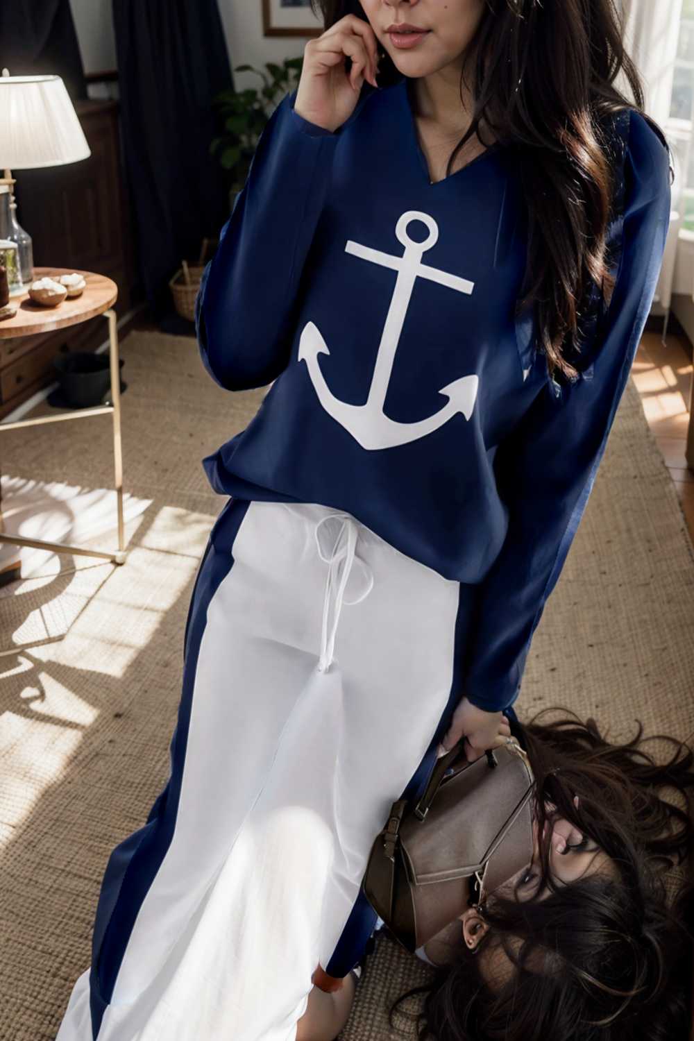 anchor print v neck long sleeve t shirt trousers two piece suit 134199