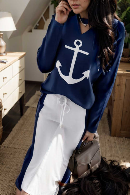 anchor print v neck long sleeve t shirt trousers two piece suit 147351