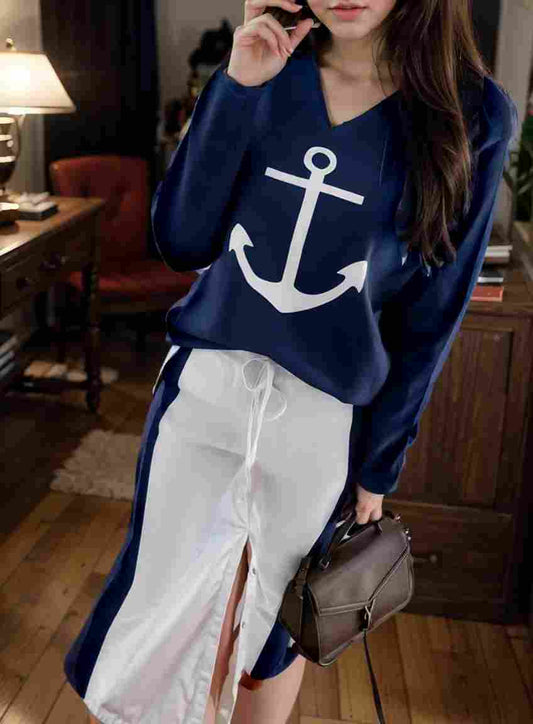 anchor print v neck long sleeve t shirt trousers two piece suit 113226