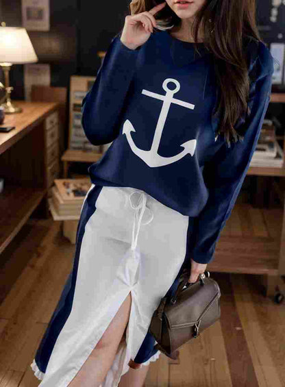 anchor print v neck long sleeve t shirt trousers two piece suit 100001