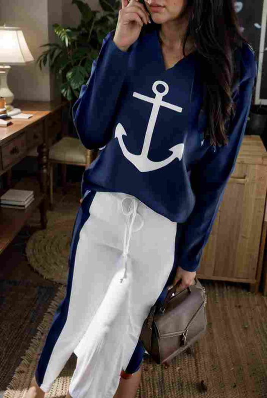 anchor print v neck long sleeve t shirt trousers two piece suit 125033