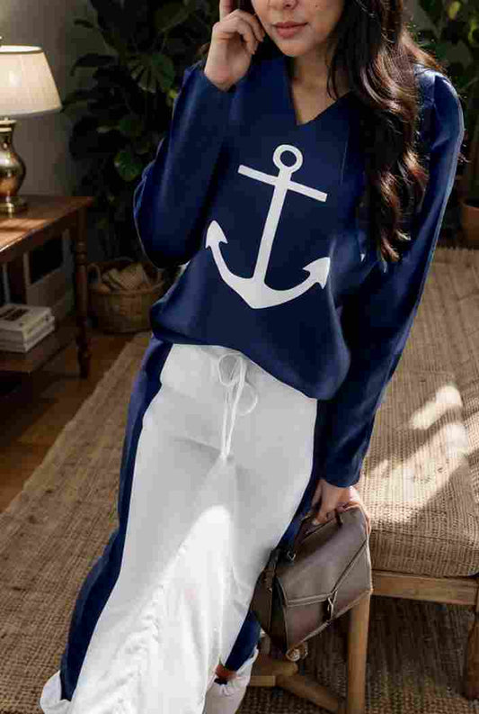 anchor print v neck long sleeve t shirt trousers two piece suit 147037