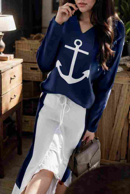 anchor print v neck long sleeve t shirt trousers two piece suit 115601