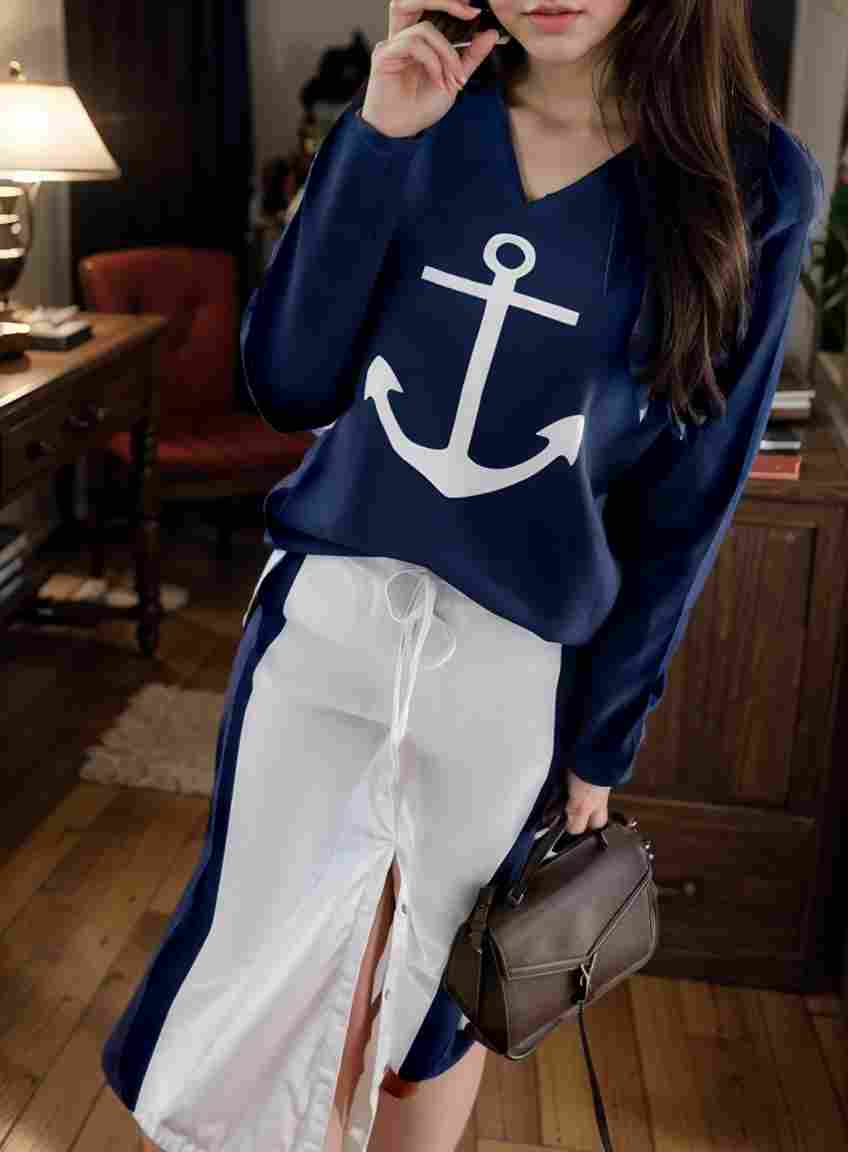 anchor print v neck long sleeve t shirt trousers two piece suit 120264