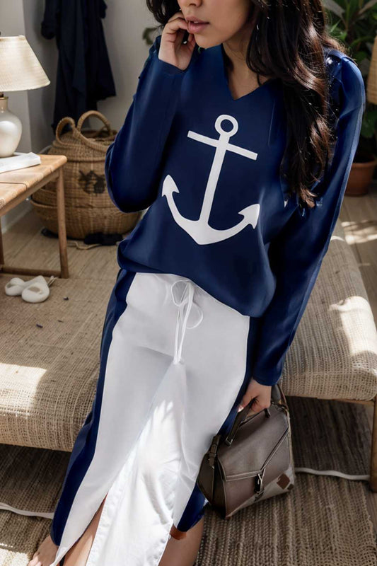 anchor print v neck long sleeve t shirt trousers two piece suit 123743