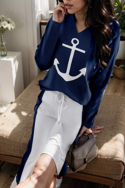 anchor print v neck long sleeve t shirt trousers two piece suit 106681