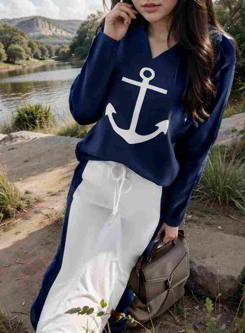 anchor print v neck long sleeve t shirt trousers two piece suit 138679