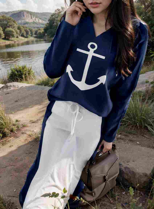 anchor print v neck long sleeve t shirt trousers two piece suit 110527