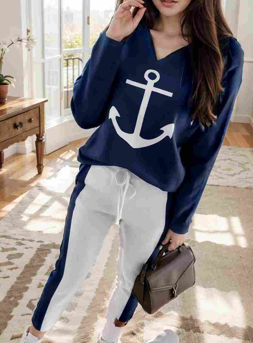 anchor print v neck long sleeve t shirt trousers two piece suit 148762