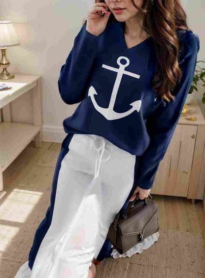 anchor print v neck long sleeve t shirt trousers two piece suit 124870