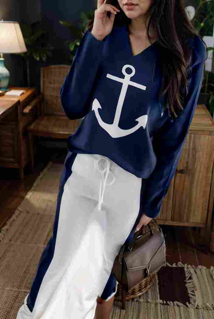 anchor print v neck long sleeve t shirt trousers two piece suit 100004