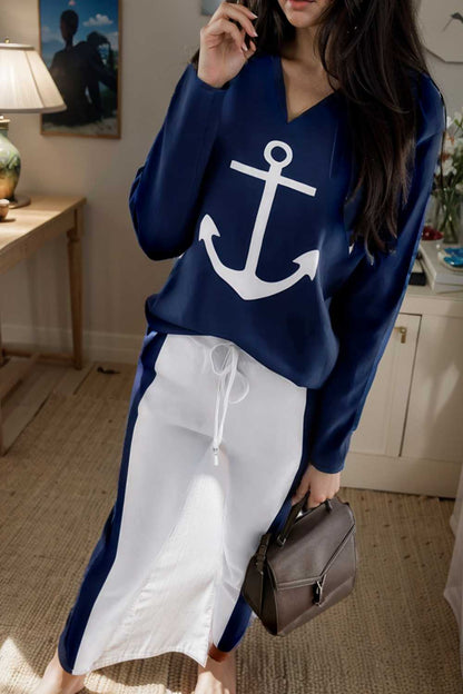 anchor print v neck long sleeve t shirt trousers two piece suit 119834