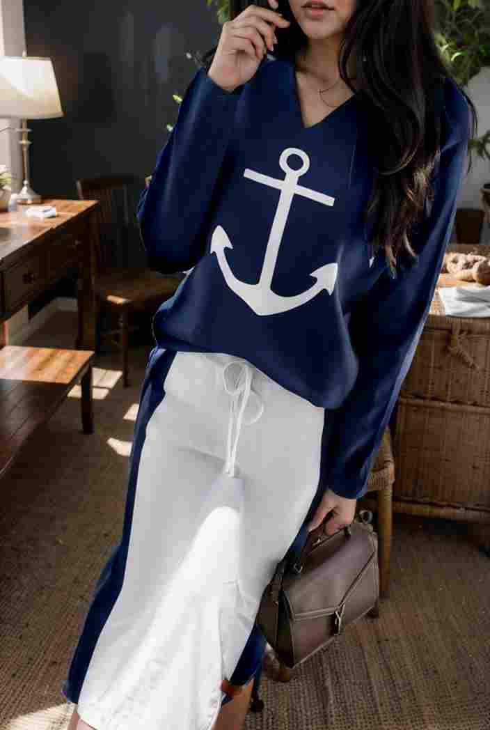 anchor print v neck long sleeve t shirt trousers two piece suit 145114