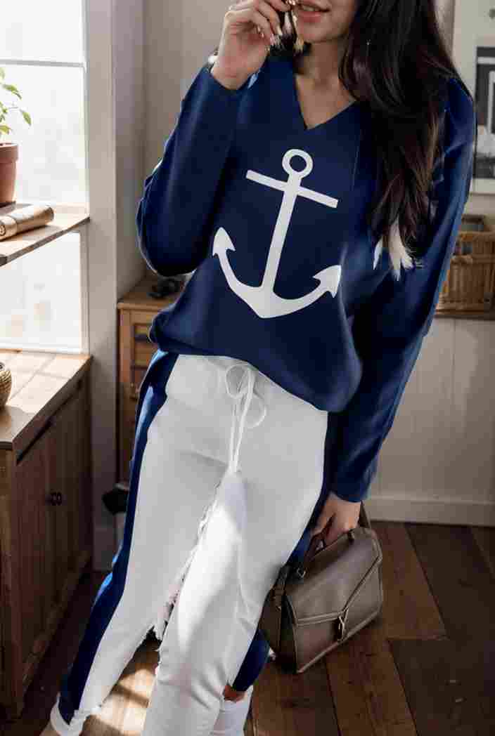 anchor print v neck long sleeve t shirt trousers two piece suit 136065