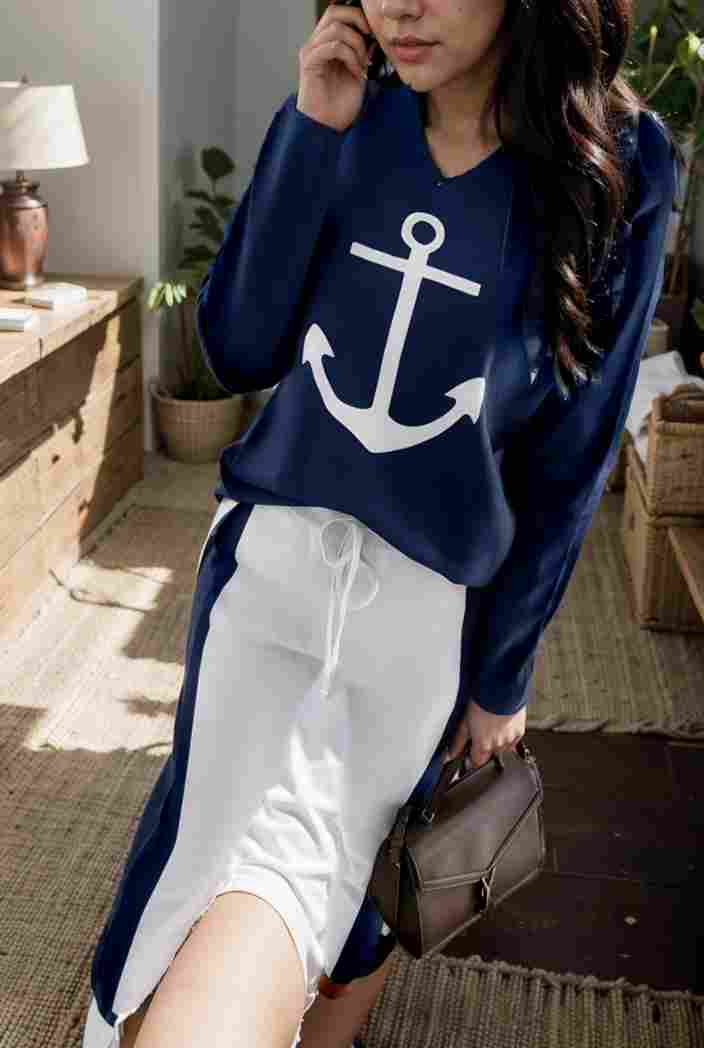 anchor print v neck long sleeve t shirt trousers two piece suit 123074