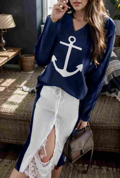 anchor print v neck long sleeve t shirt trousers two piece suit 120752